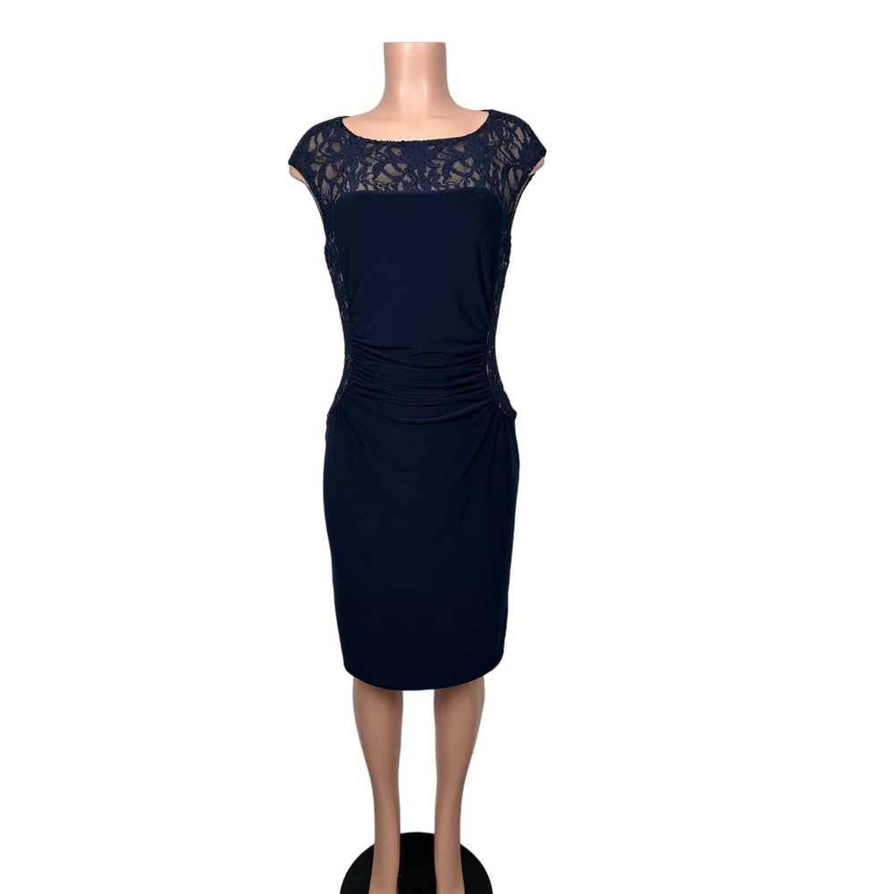 Ralph Lauren LRL Women Size 10 Navy Blue Lace Sequin Gathered Stretch Dress